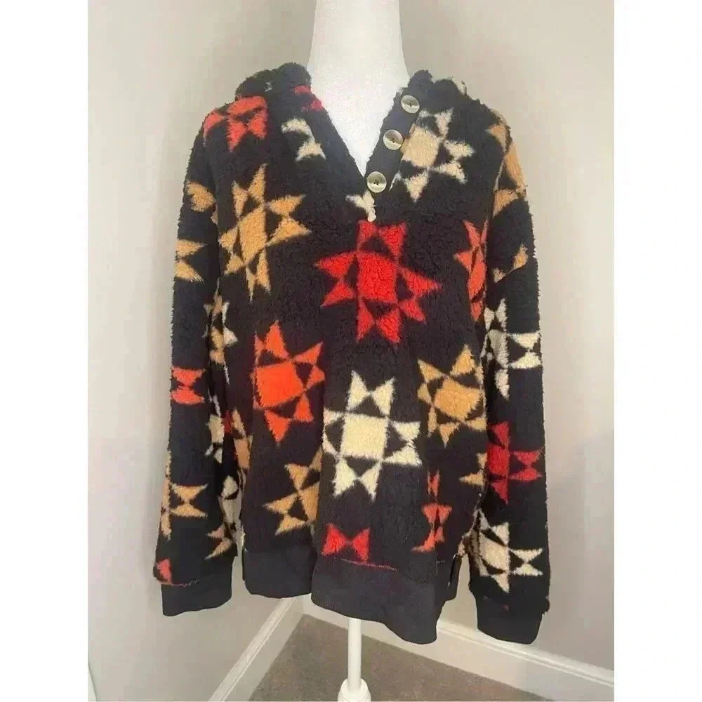 NWT Sonoma Women's Henley Sherpa Hoodie Jacket‎ Multicolor Geometric Size M